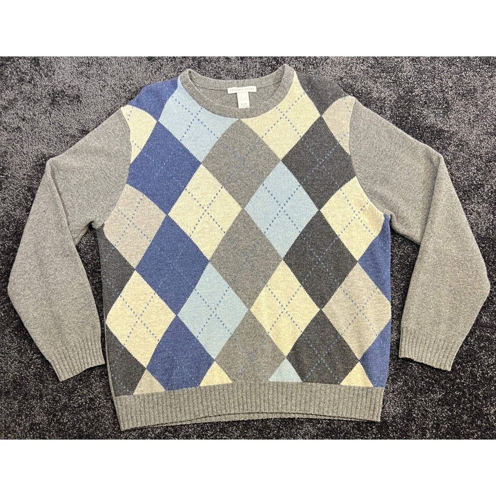 Geoffrey Beene Mens XL Argyle Sweater 100% Lambswool‎ Long Sleeve Pullover *Read